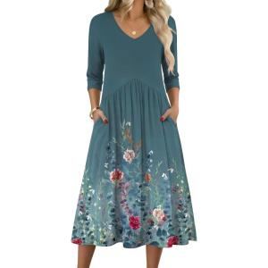 image:imageZeagoo 34 Sleeve Womens Dress Casual Midi Tshirt Dresses with Pockets Empire Waist Summer SemiFormal Boho Beach SundressGreen Grey