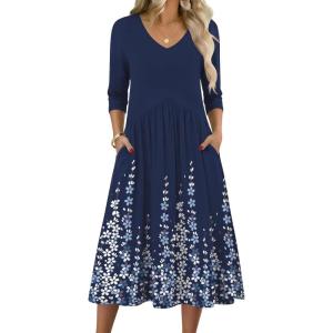 image:imageZeagoo 34 Sleeve Womens Dress Casual Midi Tshirt Dresses with Pockets Empire Waist Summer SemiFormal Boho Beach SundressNavy Floral