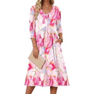 image:imageZeagoo 34 Sleeve Womens Dress Casual Midi Tshirt Dresses with Pockets Empire Waist Summer SemiFormal Boho Beach SundressPink