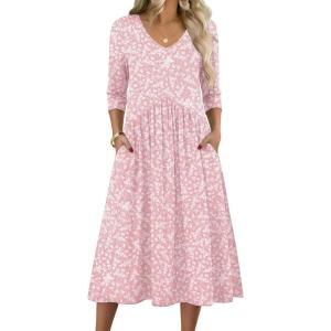 image:imageZeagoo 34 Sleeve Womens Dress Casual Midi Tshirt Dresses with Pockets Empire Waist Summer SemiFormal Boho Beach SundressPink Floral