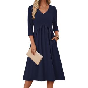 image:imageZeagoo 34 Sleeve Womens Dress Casual Midi Tshirt Dresses with Pockets Empire Waist Summer SemiFormal Boho Beach SundressSolid Navy
