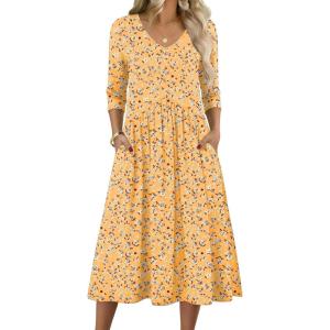 image:imageZeagoo 34 Sleeve Womens Dress Casual Midi Tshirt Dresses with Pockets Empire Waist Summer SemiFormal Boho Beach SundressYellow Floral