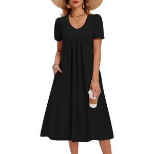 image:imageZeagoo Summer Dress for Women Casual Floral Midi Sundress with Pockets V Neck Pleated Short Sleeve Aline Beach Vacation DressBlack