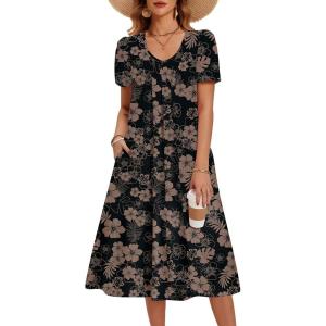 image:imageZeagoo Summer Dress for Women Casual Floral Midi Sundress with Pockets V Neck Pleated Short Sleeve Aline Beach Vacation DressBlack Floral Print