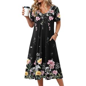 image:imageZeagoo Summer Dress for Women Casual Floral Midi Sundress with Pockets V Neck Pleated Short Sleeve Aline Beach Vacation DressBlack Floral1