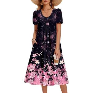 image:imageZeagoo Summer Dress for Women Casual Floral Midi Sundress with Pockets V Neck Pleated Short Sleeve Aline Beach Vacation DressBlack Pink Floral
