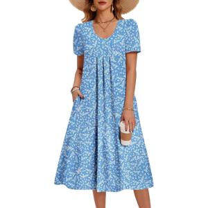 image:imageZeagoo Summer Dress for Women Casual Floral Midi Sundress with Pockets V Neck Pleated Short Sleeve Aline Beach Vacation DressBlue Floral