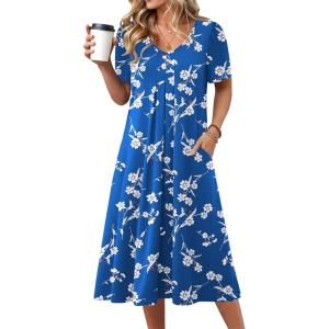 image:imageZeagoo Summer Dress for Women Casual Floral Midi Sundress with Pockets V Neck Pleated Short Sleeve Aline Beach Vacation DressBlue Floral1