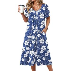 image:imageZeagoo Summer Dress for Women Casual Floral Midi Sundress with Pockets V Neck Pleated Short Sleeve Aline Beach Vacation DressBlue White Floral