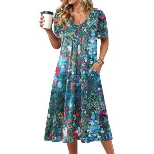 image:imageZeagoo Summer Dress for Women Casual Floral Midi Sundress with Pockets V Neck Pleated Short Sleeve Aline Beach Vacation DressFloral1