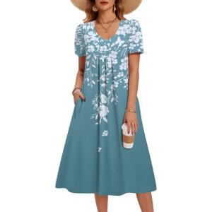 image:imageZeagoo Summer Dress for Women Casual Floral Midi Sundress with Pockets V Neck Pleated Short Sleeve Aline Beach Vacation DressFloral4