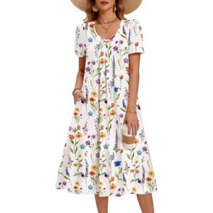 image:imageZeagoo Summer Dress for Women Casual Floral Midi Sundress with Pockets V Neck Pleated Short Sleeve Aline Beach Vacation DressFloral5