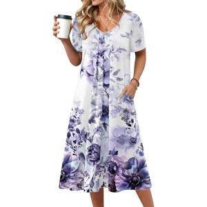 image:imageZeagoo Summer Dress for Women Casual Floral Midi Sundress with Pockets V Neck Pleated Short Sleeve Aline Beach Vacation DressFloral6