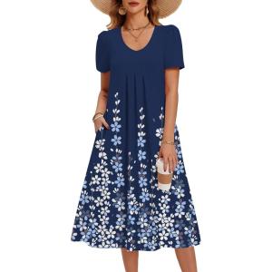 image:imageZeagoo Summer Dress for Women Casual Floral Midi Sundress with Pockets V Neck Pleated Short Sleeve Aline Beach Vacation DressNavy Floral