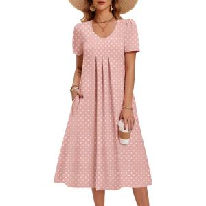 image:imageZeagoo Summer Dress for Women Casual Floral Midi Sundress with Pockets V Neck Pleated Short Sleeve Aline Beach Vacation DressPink Dot