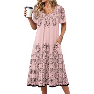 image:imageZeagoo Summer Dress for Women Casual Floral Midi Sundress with Pockets V Neck Pleated Short Sleeve Aline Beach Vacation DressPink Print1