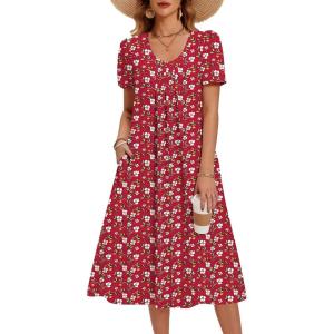 image:imageZeagoo Summer Dress for Women Casual Floral Midi Sundress with Pockets V Neck Pleated Short Sleeve Aline Beach Vacation DressRed Floral