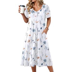 image:imageZeagoo Summer Dress for Women Casual Floral Midi Sundress with Pockets V Neck Pleated Short Sleeve Aline Beach Vacation DressWhite Floral