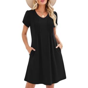 image:imageZeagoo Summer Dresses for Women Casual A Line Dress 2026 V Neck Short Dresses Floral Sundress Pleated Boho DressAblack