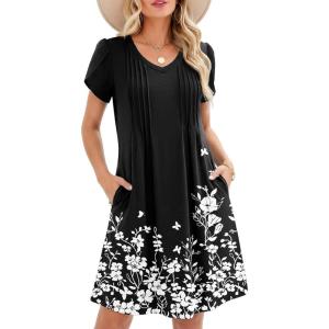 image:imageZeagoo Summer Dresses for Women Casual A Line Dress 2026 V Neck Short Dresses Floral Sundress Pleated Boho DressBlack Floral 01