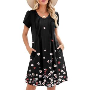 image:imageZeagoo Summer Dresses for Women Casual A Line Dress 2026 V Neck Short Dresses Floral Sundress Pleated Boho DressBlack Floral 02
