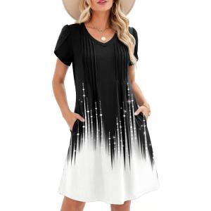 image:imageZeagoo Summer Dresses for Women Casual A Line Dress 2026 V Neck Short Dresses Floral Sundress Pleated Boho DressBlackwhite