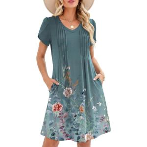 image:imageZeagoo Summer Dresses for Women Casual A Line Dress 2026 V Neck Short Dresses Floral Sundress Pleated Boho DressBlue Green 02