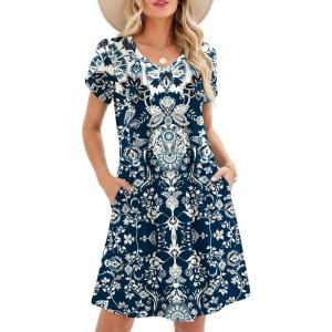 image:imageZeagoo Summer Dresses for Women Casual A Line Dress 2026 V Neck Short Dresses Floral Sundress Pleated Boho DressBoho Blue Print