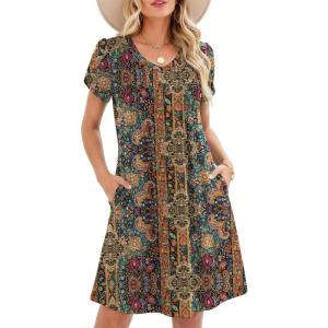 image:imageZeagoo Summer Dresses for Women Casual A Line Dress 2026 V Neck Short Dresses Floral Sundress Pleated Boho DressBoho Brown Print