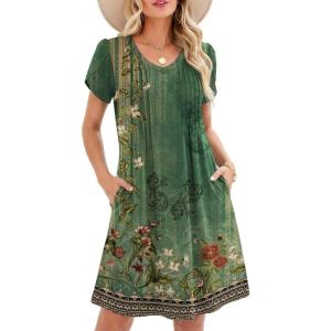 image:imageZeagoo Summer Dresses for Women Casual A Line Dress 2026 V Neck Short Dresses Floral Sundress Pleated Boho DressGreen Floral 01