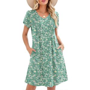 image:imageZeagoo Summer Dresses for Women Casual A Line Dress 2026 V Neck Short Dresses Floral Sundress Pleated Boho DressGreen Floral 02