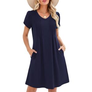 image:imageZeagoo Summer Dresses for Women Casual A Line Dress 2026 V Neck Short Dresses Floral Sundress Pleated Boho DressNavy Blue