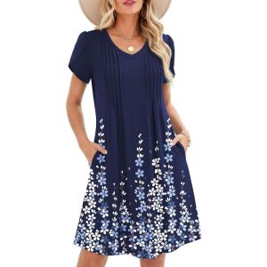 image:imageZeagoo Summer Dresses for Women Casual A Line Dress 2026 V Neck Short Dresses Floral Sundress Pleated Boho DressNavy Floral 01