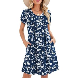 image:imageZeagoo Summer Dresses for Women Casual A Line Dress 2026 V Neck Short Dresses Floral Sundress Pleated Boho DressNavy Floral 02