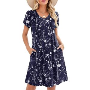 image:imageZeagoo Summer Dresses for Women Casual A Line Dress 2026 V Neck Short Dresses Floral Sundress Pleated Boho DressNavy Floral 03