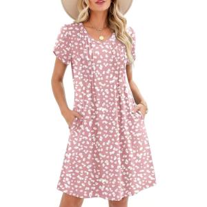 image:imageZeagoo Summer Dresses for Women Casual A Line Dress 2026 V Neck Short Dresses Floral Sundress Pleated Boho DressPink Dot