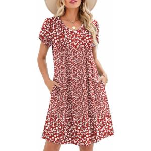 image:imageZeagoo Summer Dresses for Women Casual A Line Dress 2026 V Neck Short Dresses Floral Sundress Pleated Boho DressRed Floral