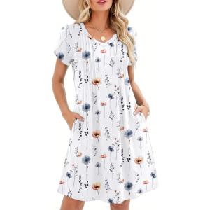 image:imageZeagoo Summer Dresses for Women Casual A Line Dress 2026 V Neck Short Dresses Floral Sundress Pleated Boho DressWhite Floral