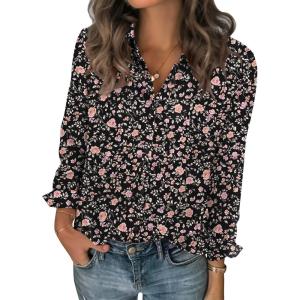 image:imageZeagoo Women Blouses Chiffon Long Sleeve Button Down Shirts Business Causal Dressy Work Top V Neck Summer Spring ClothesBlack Floral