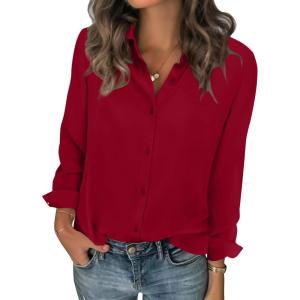 image:imageZeagoo Women Blouses Chiffon Long Sleeve Button Down Shirts Business Causal Dressy Work Top V Neck Summer Spring ClothesDark Red