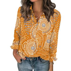 image:imageZeagoo Women Blouses Chiffon Long Sleeve Button Down Shirts Business Causal Dressy Work Top V Neck Summer Spring ClothesMandala Pattern