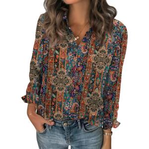 image:imageZeagoo Women Blouses Chiffon Long Sleeve Button Down Shirts Business Causal Dressy Work Top V Neck Summer Spring ClothesMulticolor 721