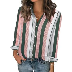 image:imageZeagoo Women Blouses Chiffon Long Sleeve Button Down Shirts Business Causal Dressy Work Top V Neck Summer Spring ClothesMulticolor Stripes