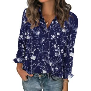 image:imageZeagoo Women Blouses Chiffon Long Sleeve Button Down Shirts Business Causal Dressy Work Top V Neck Summer Spring ClothesNavy Floral