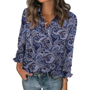 image:imageZeagoo Women Blouses Chiffon Long Sleeve Button Down Shirts Business Causal Dressy Work Top V Neck Summer Spring ClothesPaisley Navy