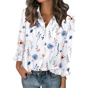 image:imageZeagoo Women Blouses Chiffon Long Sleeve Button Down Shirts Business Causal Dressy Work Top V Neck Summer Spring ClothesWhite Floral