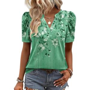 image:imageZeagoo Women Blouses Puff Short Sleeve Tops V Neck Dressy Casual Spring Shirts Boho Floral Cute Clothes 2026Bf180green Flowers