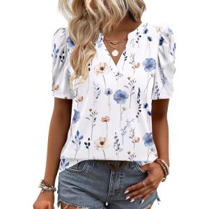 image:imageZeagoo Women Blouses Puff Short Sleeve Tops V Neck Dressy Casual Spring Shirts Boho Floral Cute Clothes 2026Bf290white Flowers
