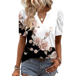 image:imageZeagoo Women Blouses Puff Short Sleeve Tops V Neck Dressy Casual Spring Shirts Boho Floral Cute Clothes 2026Bf347pattern