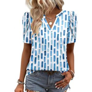 image:imageZeagoo Women Blouses Puff Short Sleeve Tops V Neck Dressy Casual Spring Shirts Boho Floral Cute Clothes 2026Cx329blue